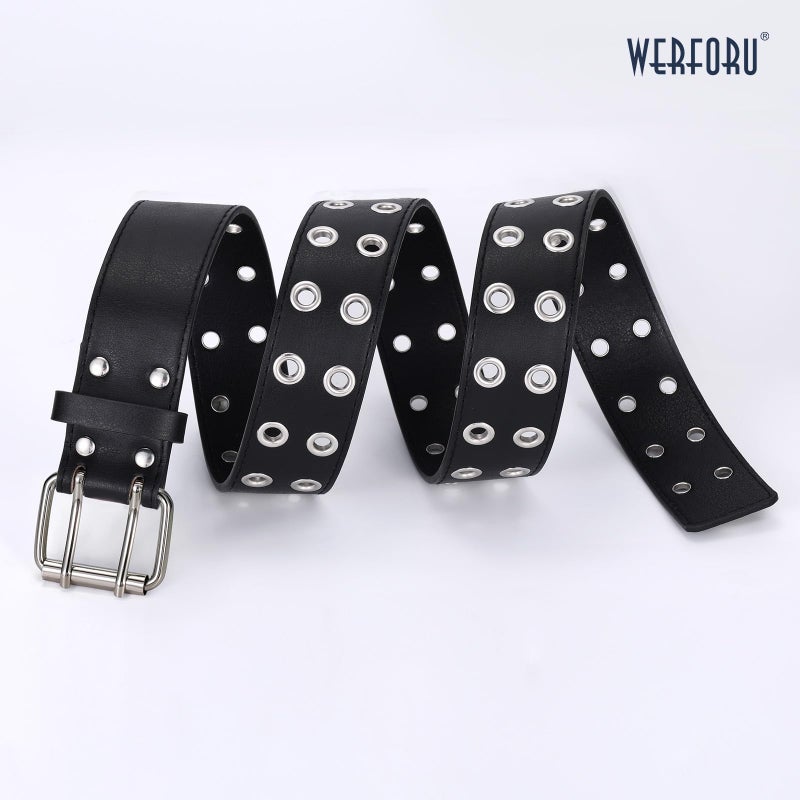 WERFORU Double Grommet Belt PU Leather Punk Belt for Women Men Black Studded Belts 1.5 Wide - Image 5